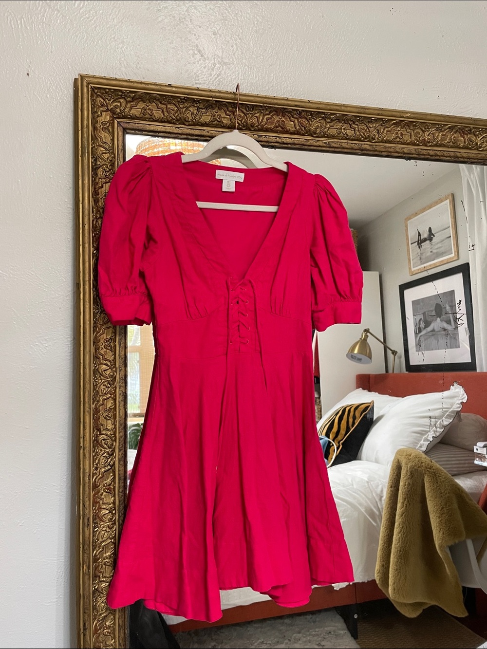 House of Harlow Fuchsia Lace-Up Puff Sleeve Dress